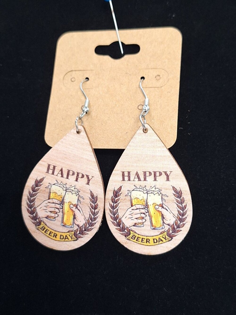 Happy Beer Day Wooden Teardrop Dangle Earrings Brown Boho Brewery Gift